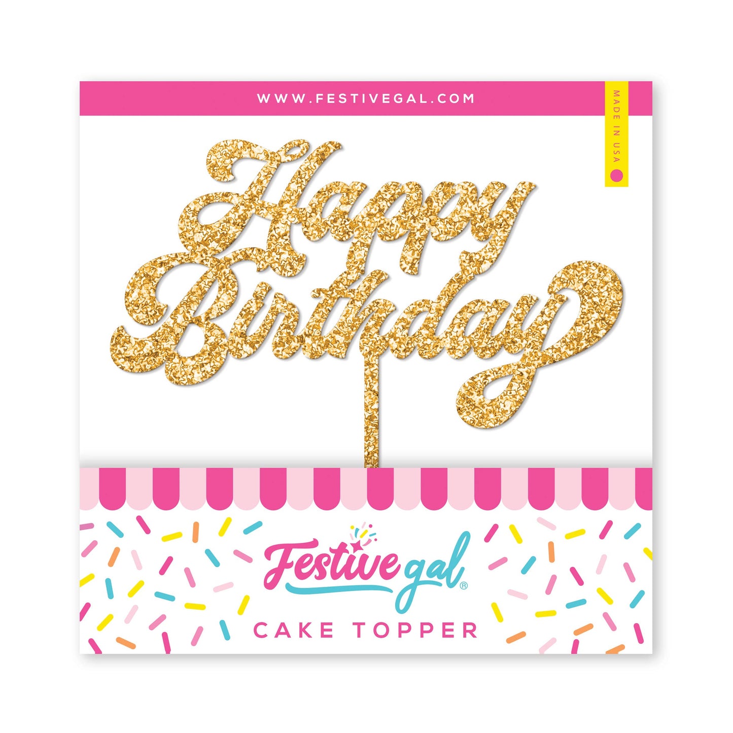 Gold Glitter Cake Topper - "Happy Birthday"