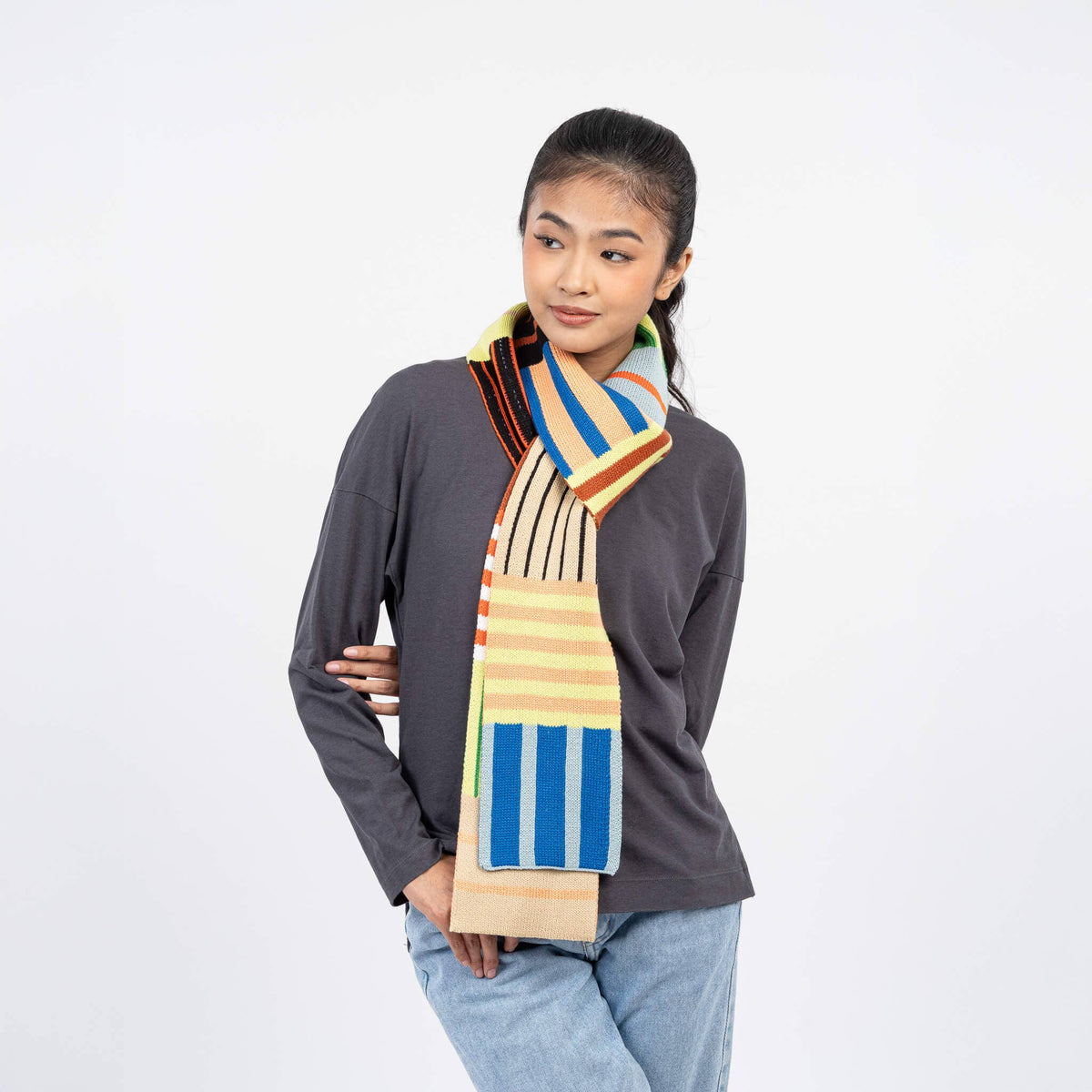 Patchwork Stripe Skinny Scarf: Rainbow
