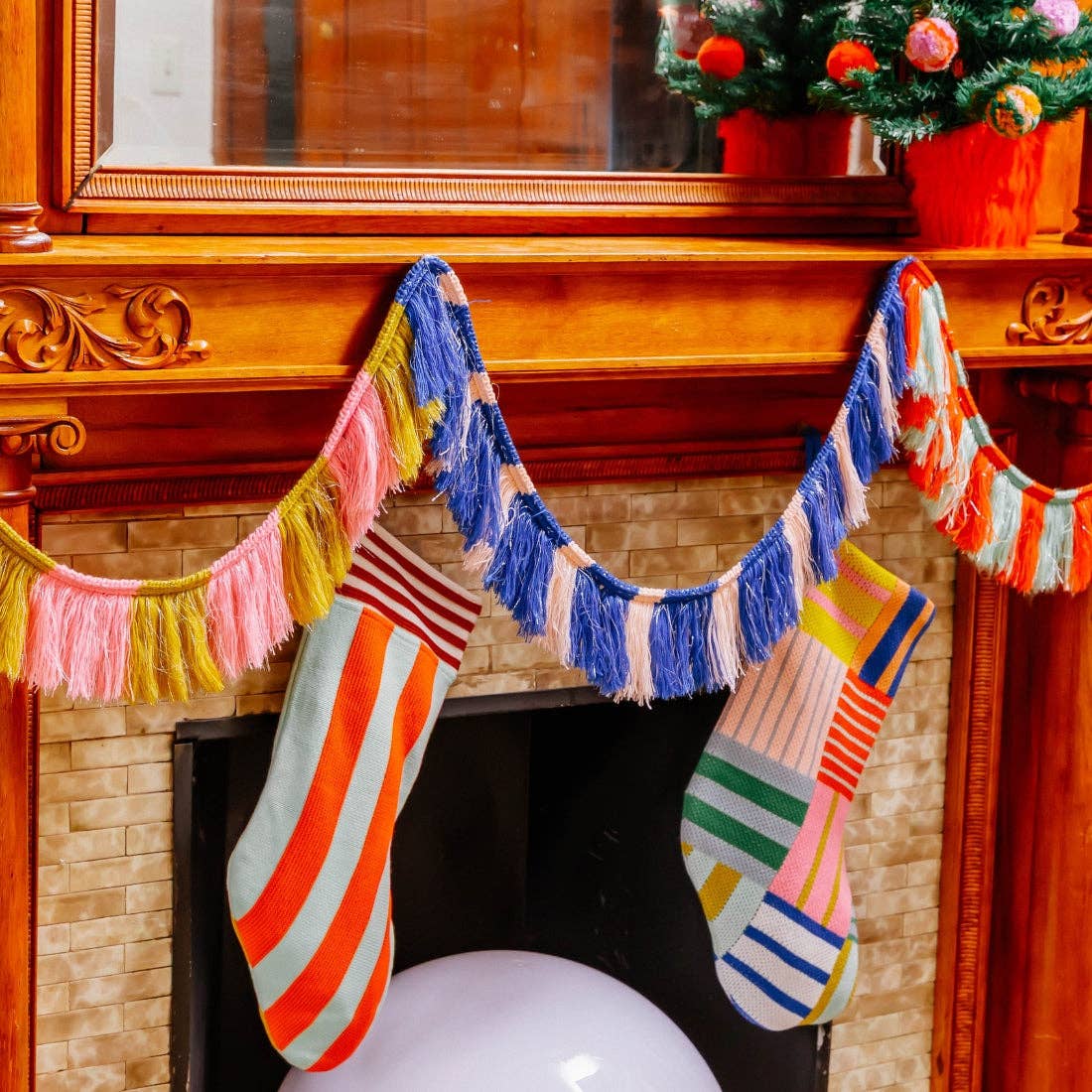 Patchwork Stripe Holiday Stocking: Rainbow
