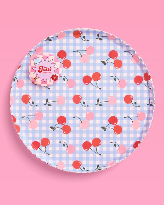 Cherry Blue Gingham Paper Plates | 24 Count Party Plates