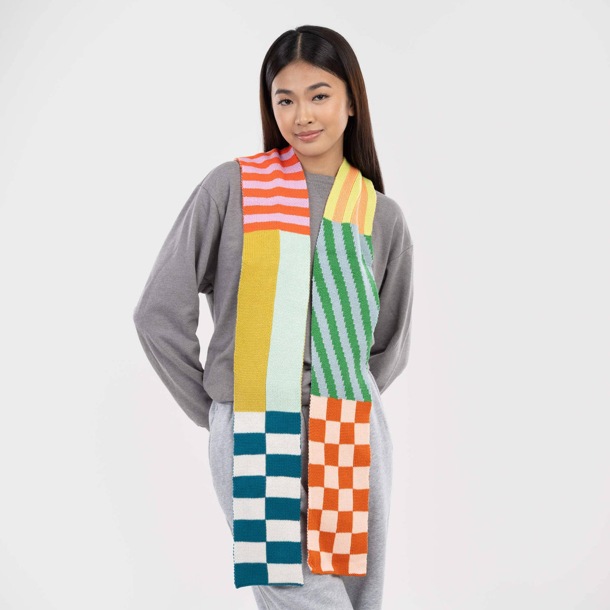Pattern Patch Skinny Knit Scarf: Candy