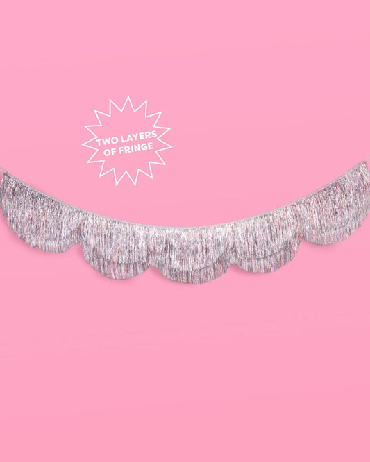 Silver Iridescent Scalloped Fringe Banner | 6 ft party decor