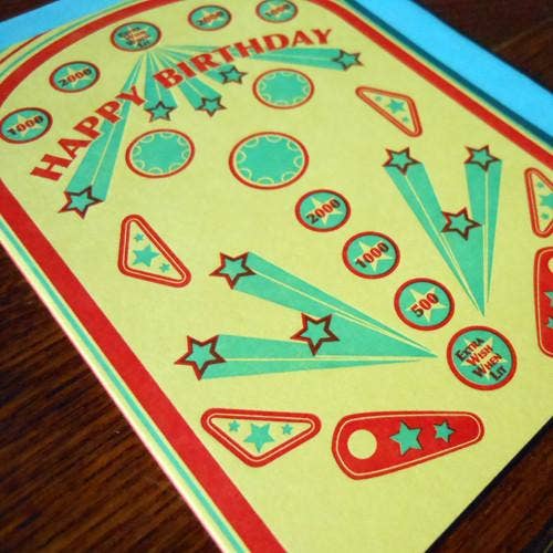 Retro Pinball Letterpress Printed Birthday Card