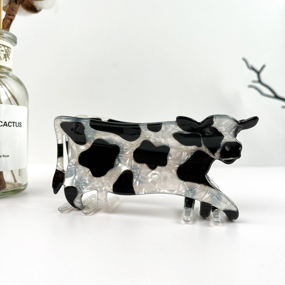 Black and White Cow Animal Hair Claw Clip: Black