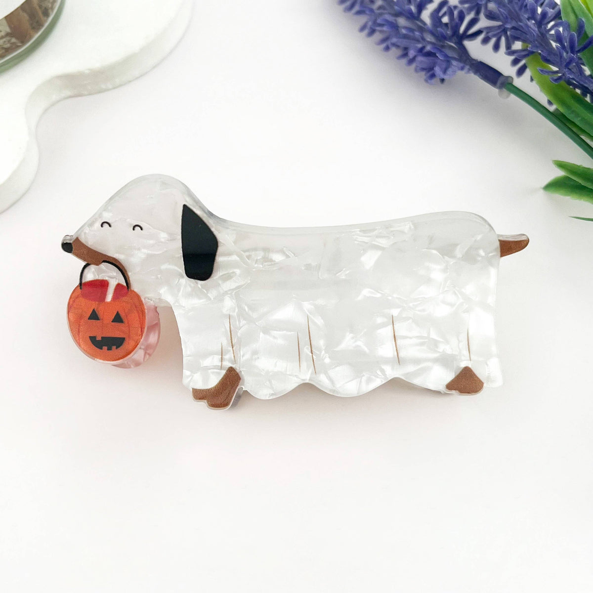 Halloween Mummy Ghost Skeleton Dachshund Hair Claw Clip: White