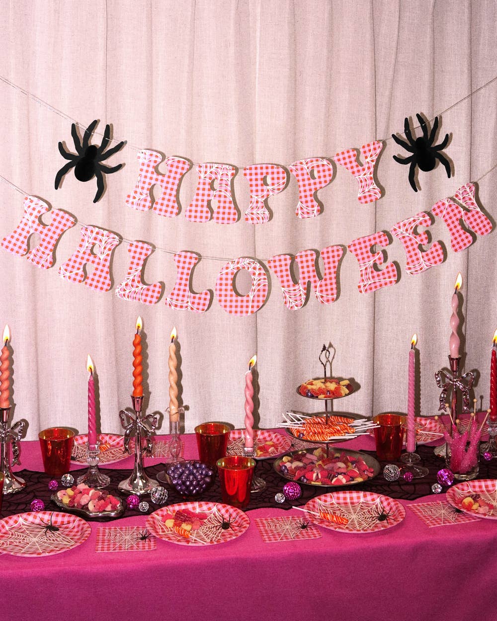 Pink Halloween Banner | spooky party decor, gingham