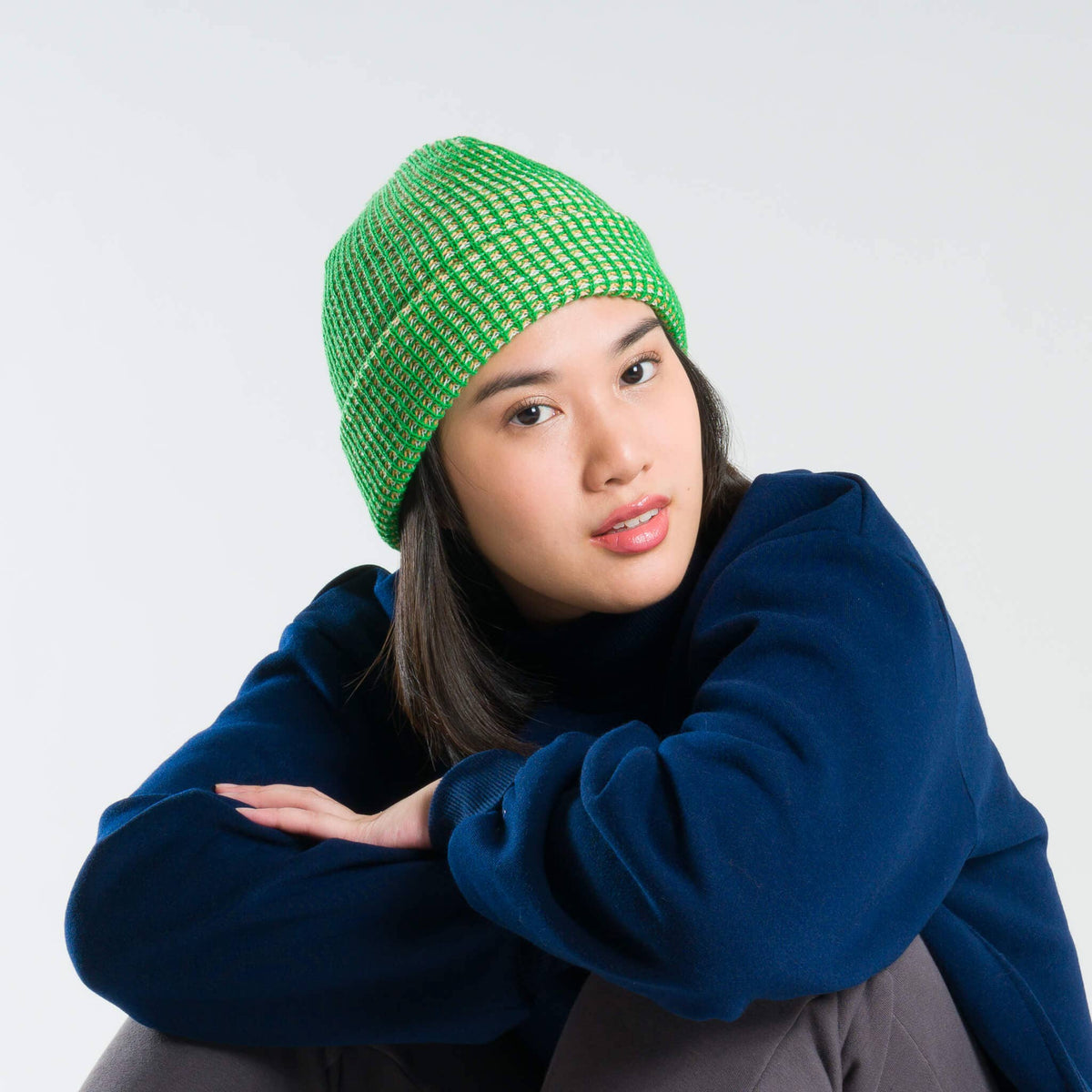 Simple Grid Knit Beanie: Stone Blue