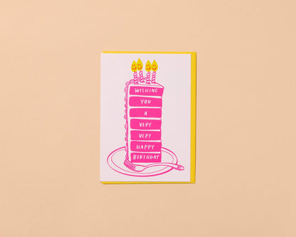 Letterpress Birthday Card—Very Happy Birthday (Cake, Cute)