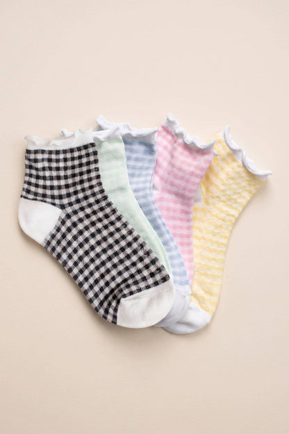 Pastel Gingham Ruffle Ankle Socks: Black