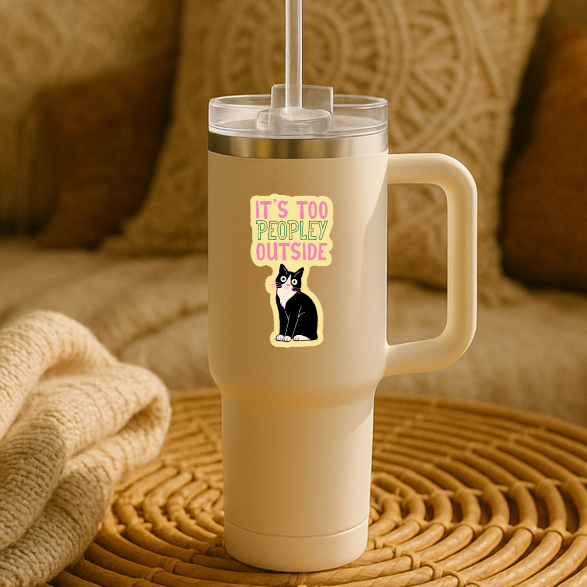 It’s Too Peopley Outside Cat Sticker – Funny Introvert Cat