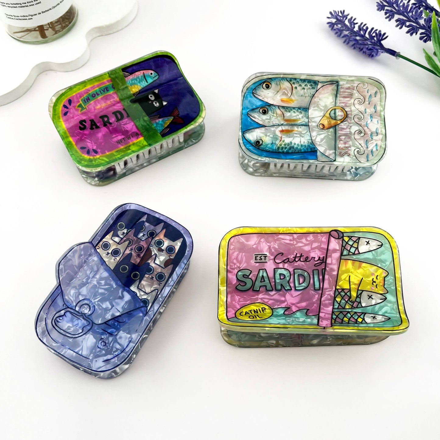 Cat Sardine Tin Print Claw Clip Cute Novelty Style: Pink