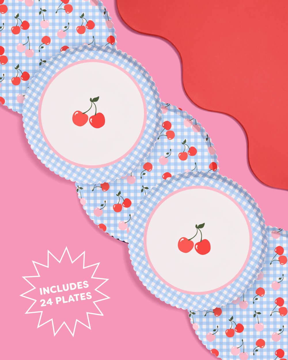 Cherry Blue Gingham Paper Plates | 24 Count Party Plates