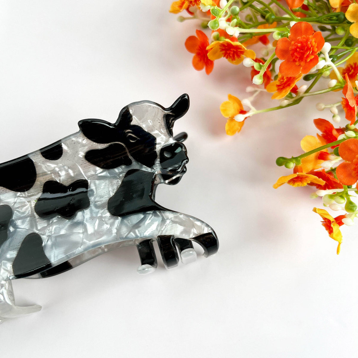 Black and White Cow Animal Hair Claw Clip: Black