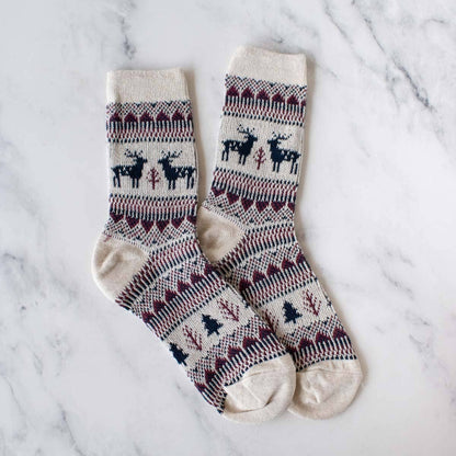 Holiday Deer Casual Socks: Beige