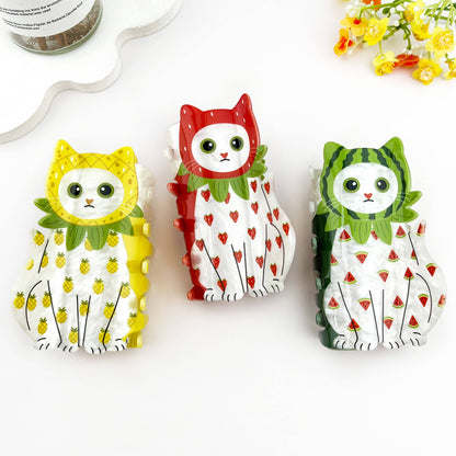 Whimsical Fruit Print Cat Acrylic Hair Claw Clip: Strawberry