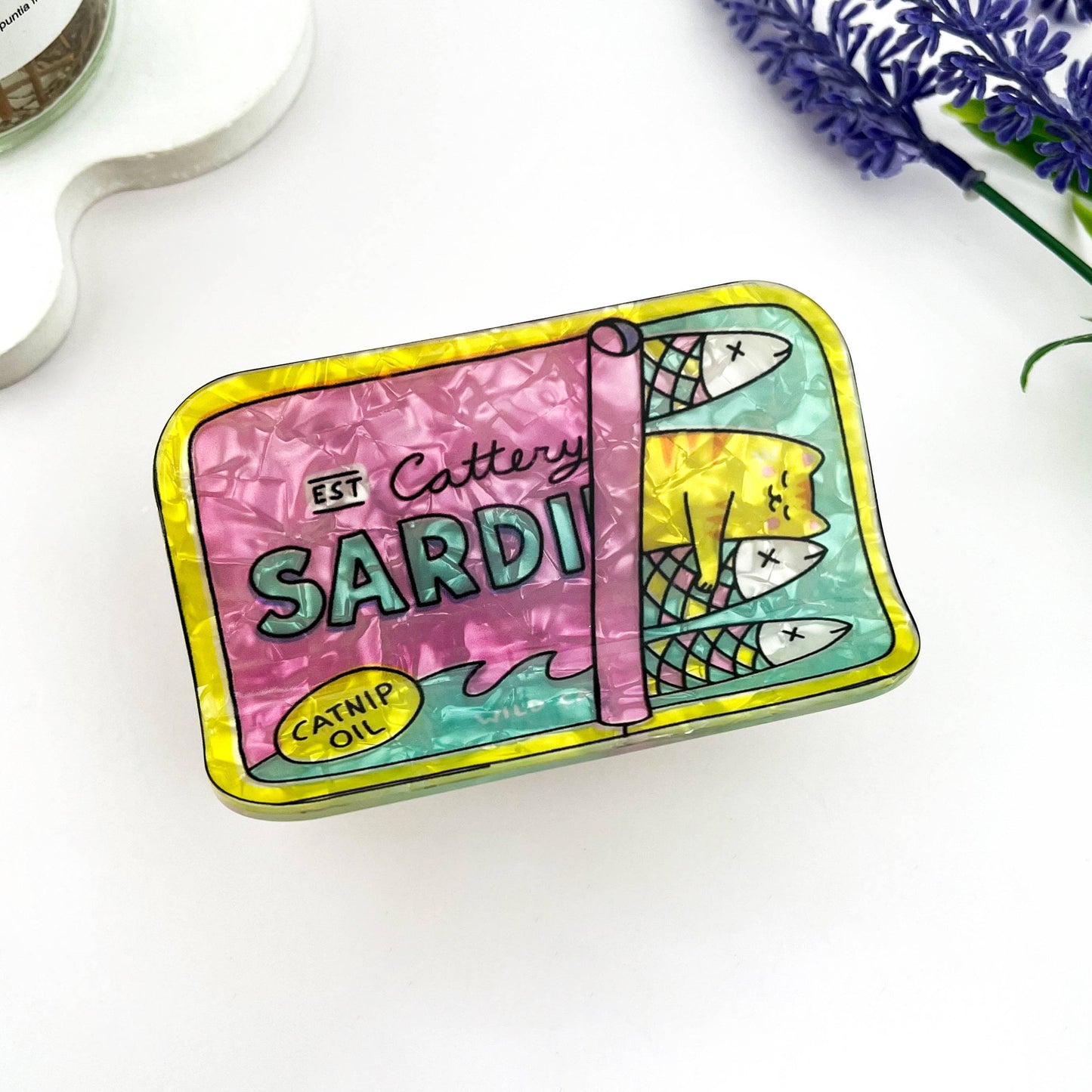 Cat Sardine Tin Print Claw Clip Cute Novelty Style: Pink