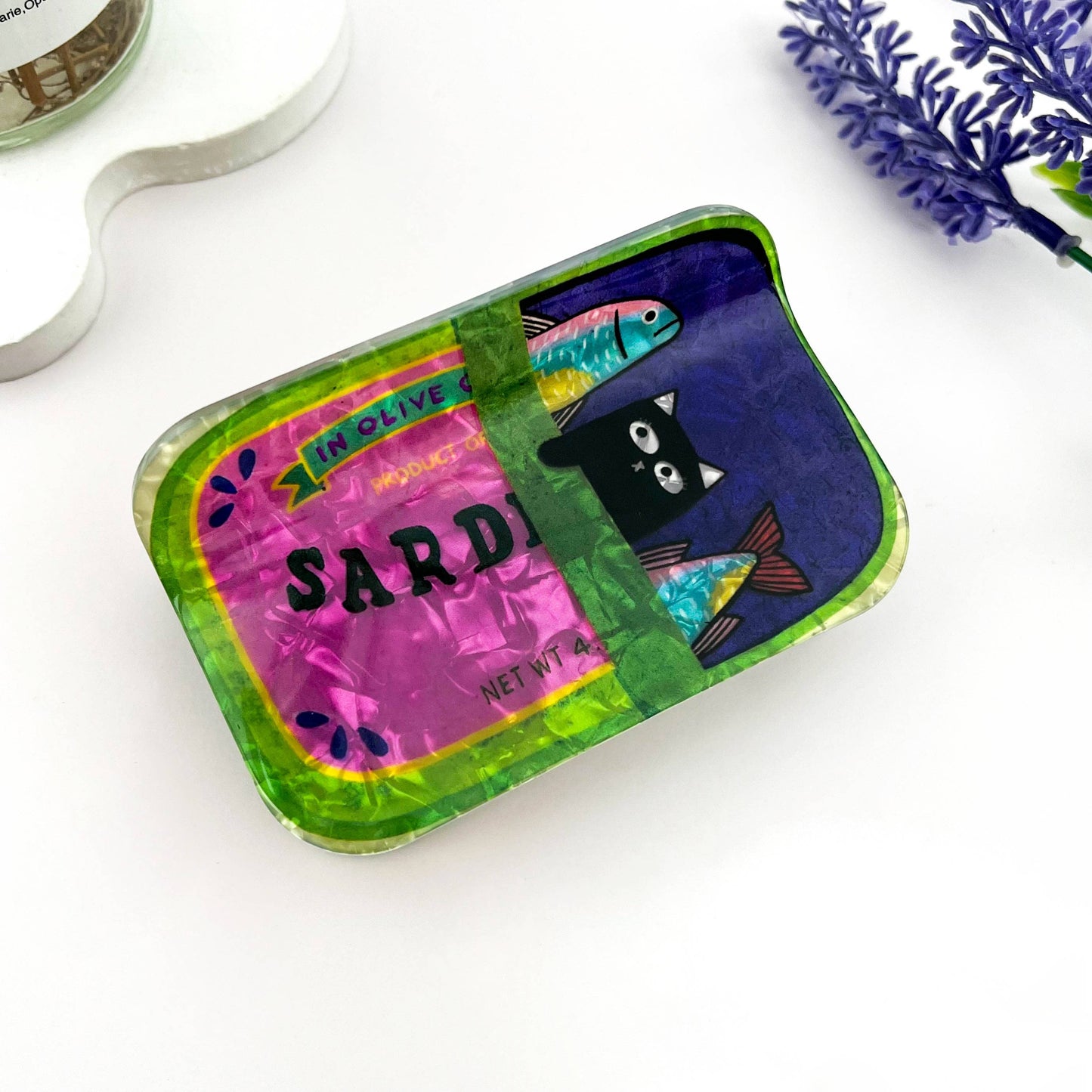 Cat Sardine Tin Print Claw Clip Cute Novelty Style: Pink