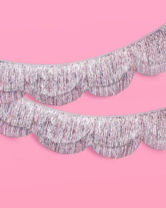 Silver Iridescent Scalloped Fringe Banner | 6 ft party decor