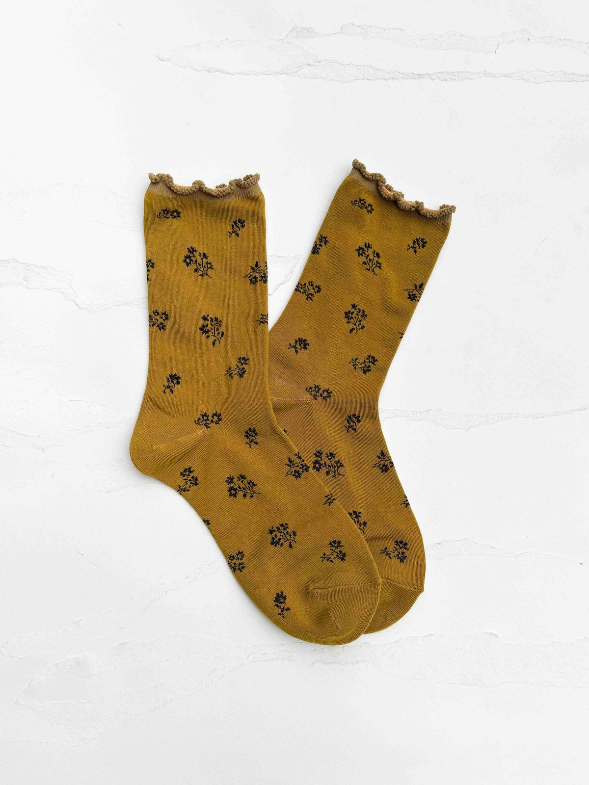 Vintage Tiny Floral Ruffle Cotton Blend Socks: Mustard