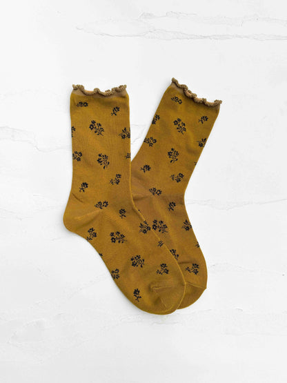 Vintage Tiny Floral Ruffle Cotton Blend Socks: Mustard