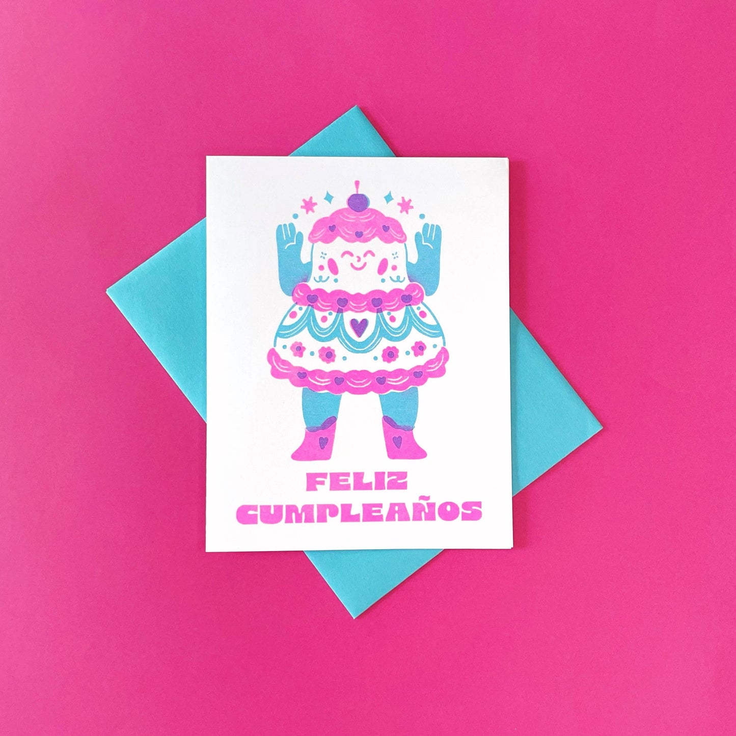 Feliz Cumpleanos - Cake - Spanish Birthday Risograph Card 