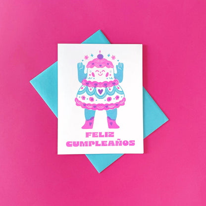 Feliz Cumpleanos - Cake - Spanish Birthday Risograph Card 