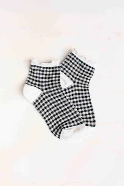 Pastel Gingham Ruffle Ankle Socks: Black