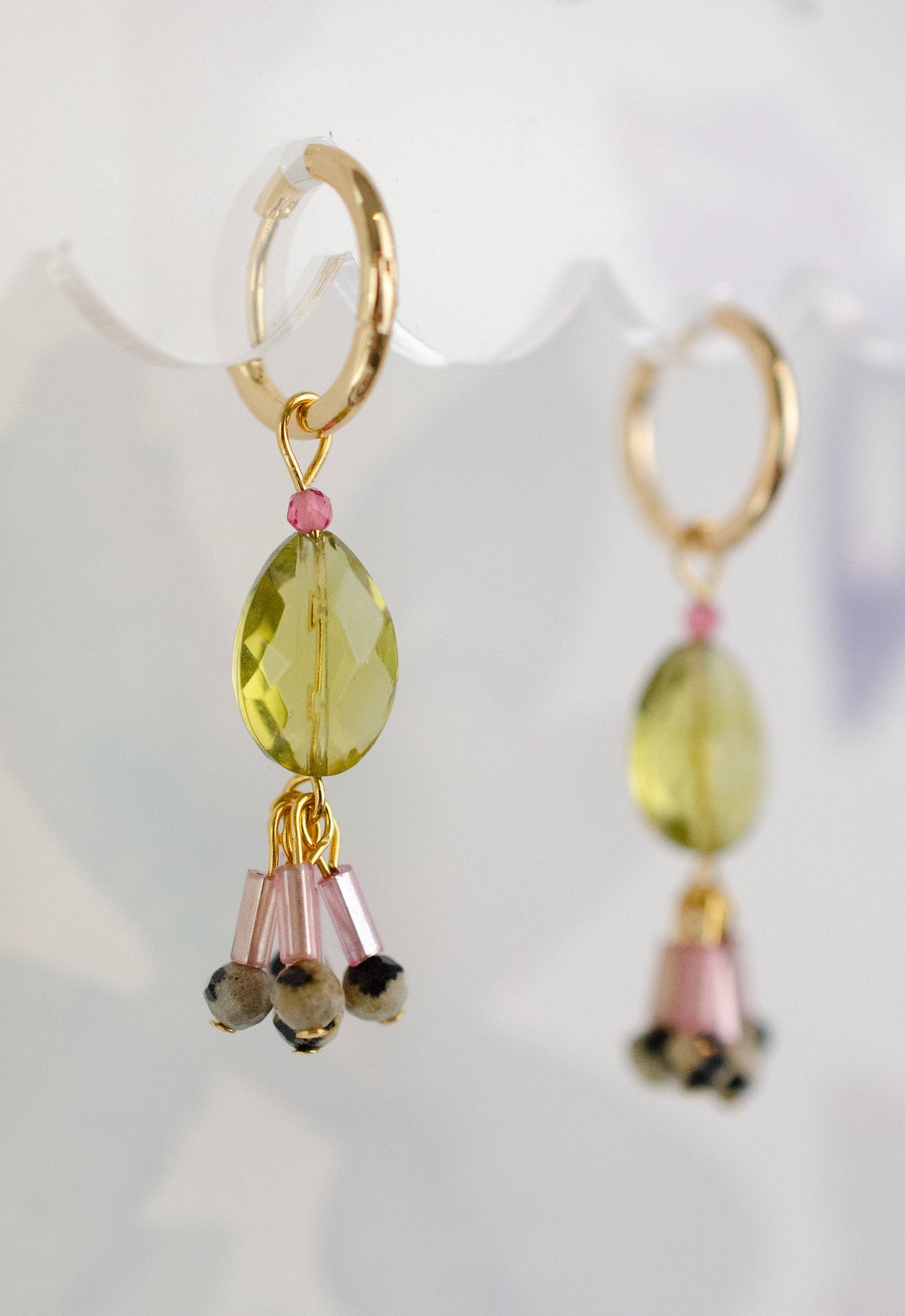 Green Quartz Gemstone Hoop Dangle Earrings