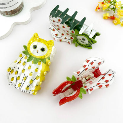 Whimsical Fruit Print Cat Acrylic Hair Claw Clip: Strawberry