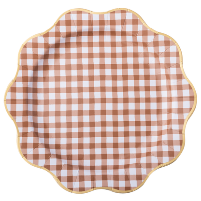 Mocha Brown Gingham Scalloped Plates (Set of 8)