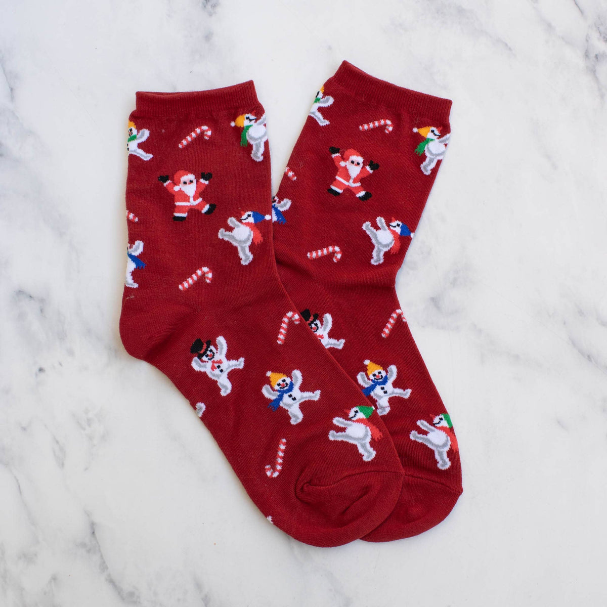 Women's Christmas Santa and Snowman Socks: Red