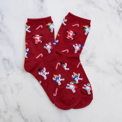 Women's Christmas Santa and Snowman Socks: Red