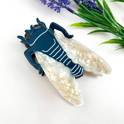 Cicada Patchwork Acetate Hair Claw Clip – Fun Insect Design: Blue