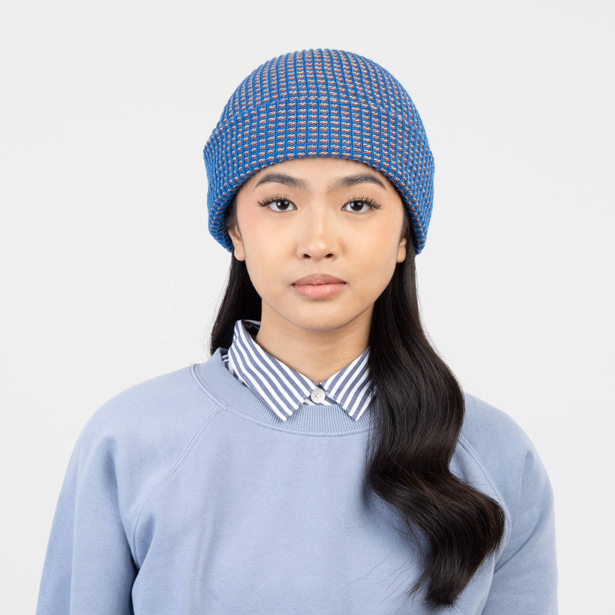 Simple Grid Knit Beanie: Stone Blue