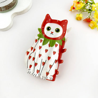 Whimsical Fruit Print Cat Acrylic Hair Claw Clip: Strawberry