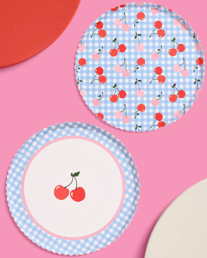 Cherry Blue Gingham Paper Plates | 24 Count Party Plates