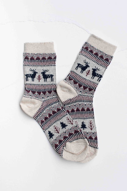 Holiday Deer Casual Socks: Beige