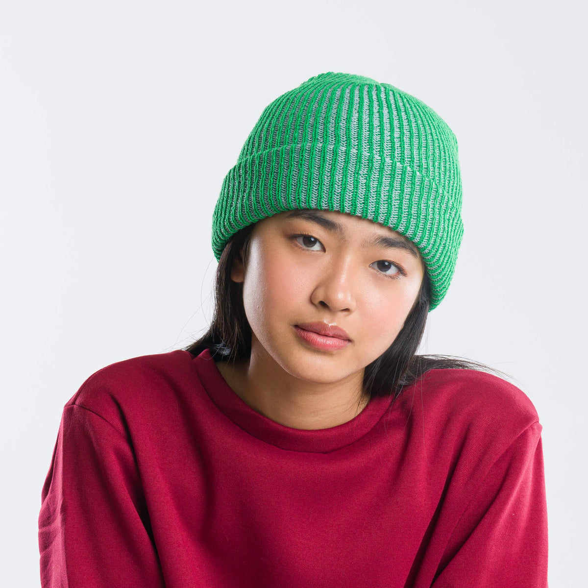 Simple Rib Knit Beanie: Teal Magenta