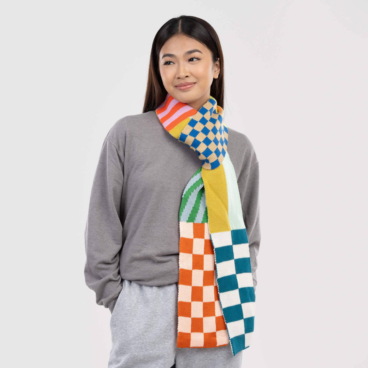 Pattern Patch Skinny Knit Scarf: Candy