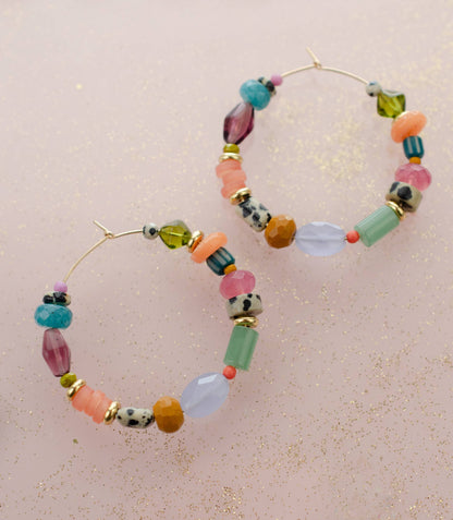 Colorful and Bright Beaded Hoops: Gold Plated