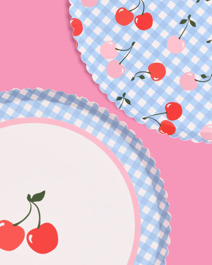 Cherry Blue Gingham Paper Plates | 24 Count Party Plates