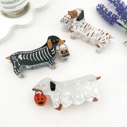 Halloween Mummy Ghost Skeleton Dachshund Hair Claw Clip: White