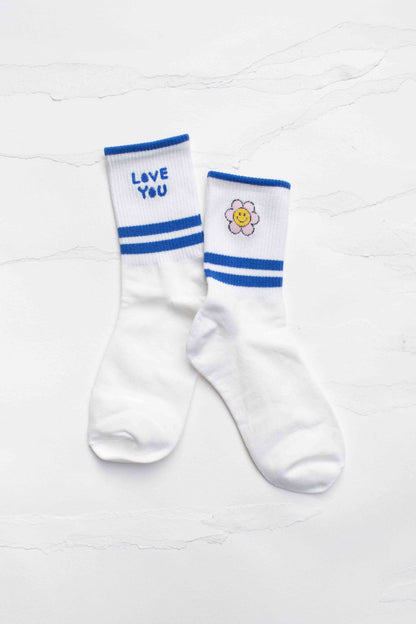 Love You Smile Crew Socks: Blue