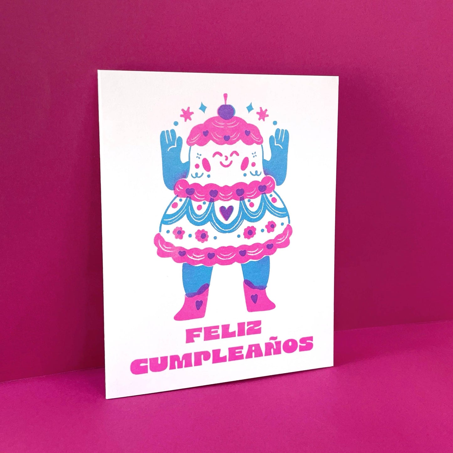 Feliz Cumpleanos - Cake - Spanish Birthday Risograph Card 
