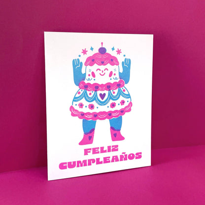 Feliz Cumpleanos - Cake - Spanish Birthday Risograph Card 