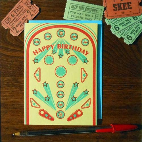 Retro Pinball Letterpress Printed Birthday Card