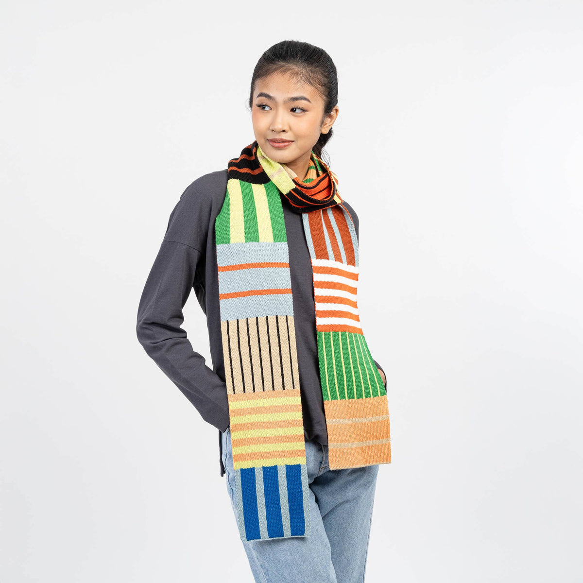 Patchwork Stripe Skinny Scarf: Rainbow