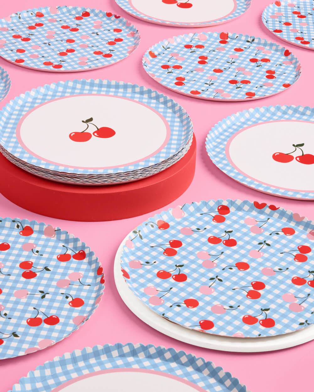 Cherry Blue Gingham Paper Plates | 24 Count Party Plates