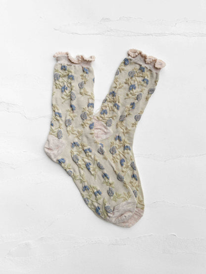 Vintage Rose Floral Cotton Blend Ruffle Socks: Charcoal