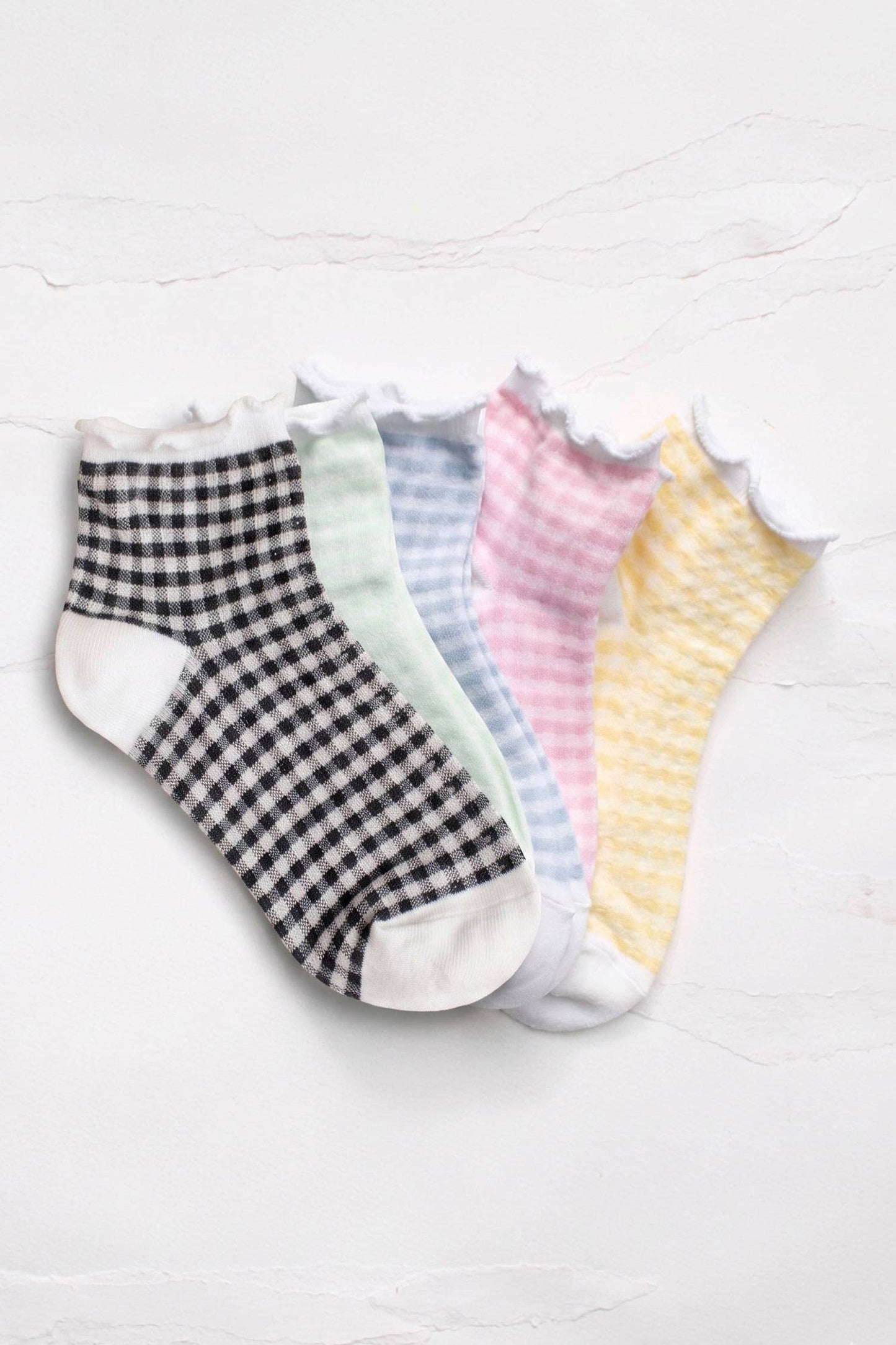 Pastel Gingham Ruffle Ankle Socks: Black